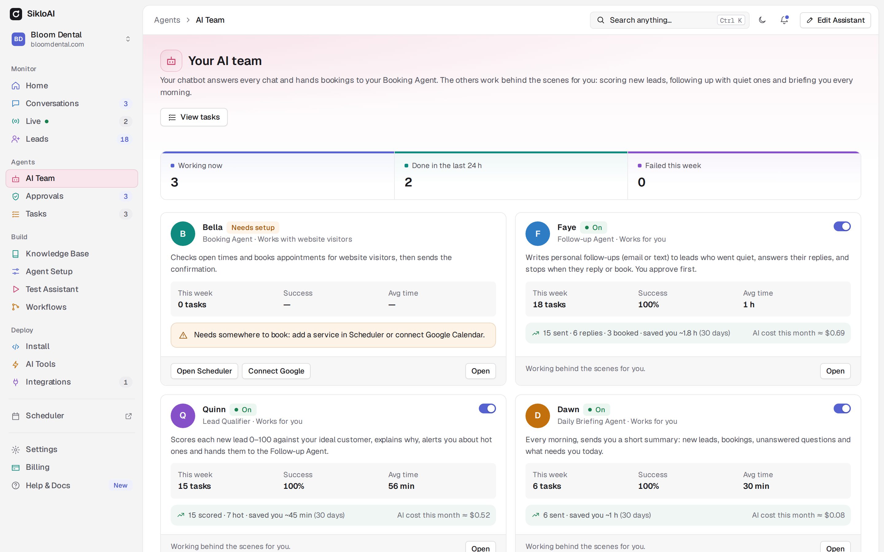 The AI Team page in the SikloAI dashboard: four agents with their status, this week's tasks, results over 30 days and AI cost this month