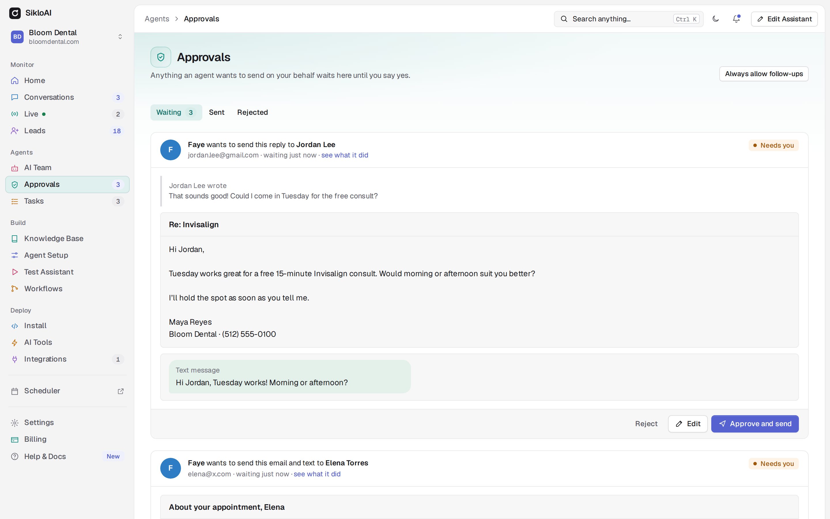 Approvals in the SikloAI dashboard: the Follow-up Agent's reply to a lead, an email and text to approve, edit or reject, and one scheduled for opening hours