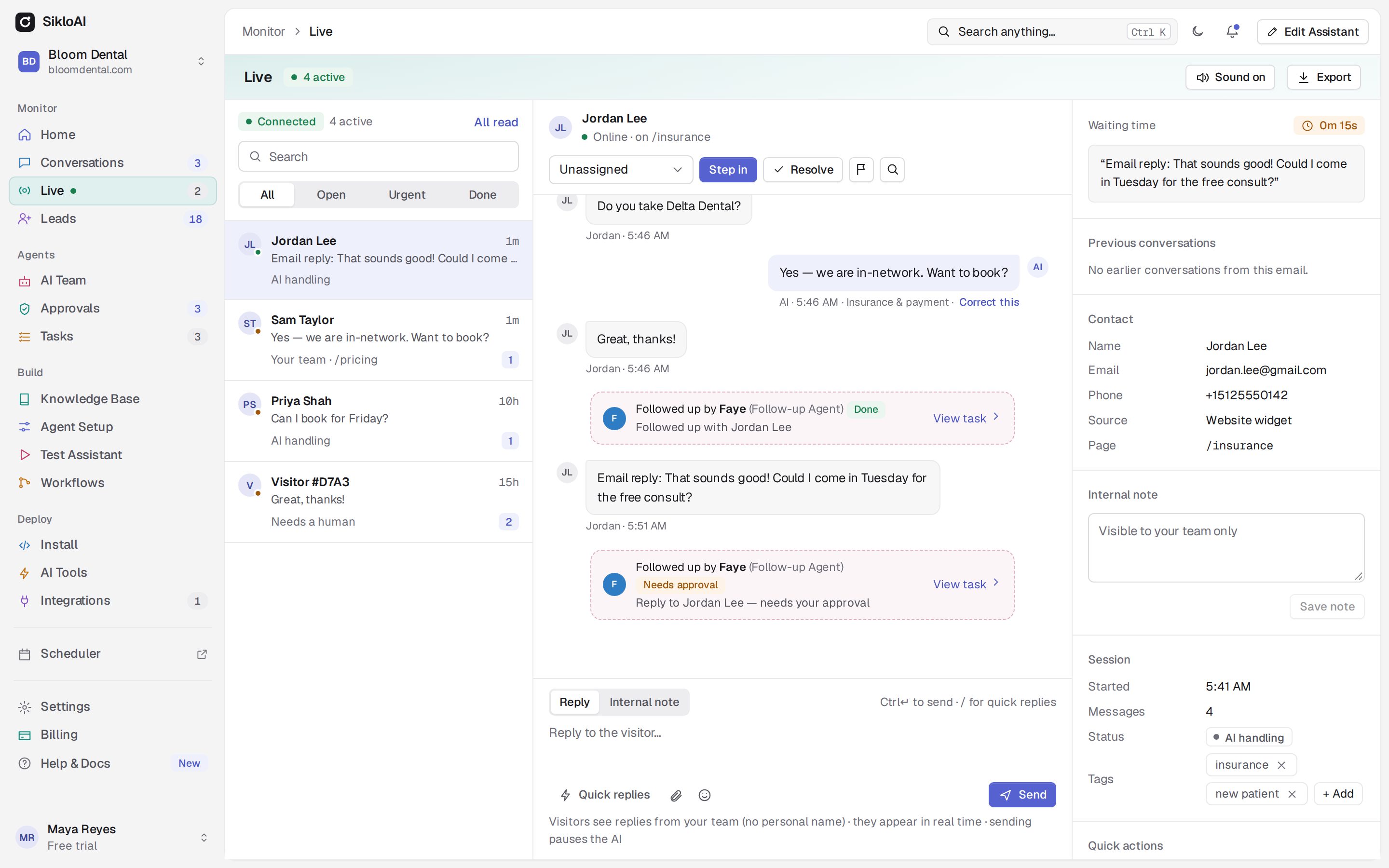 Live chat in the SikloAI dashboard: active conversations on the left, a visitor's chat in the middle with a Step in button, and the visitor's details on the right