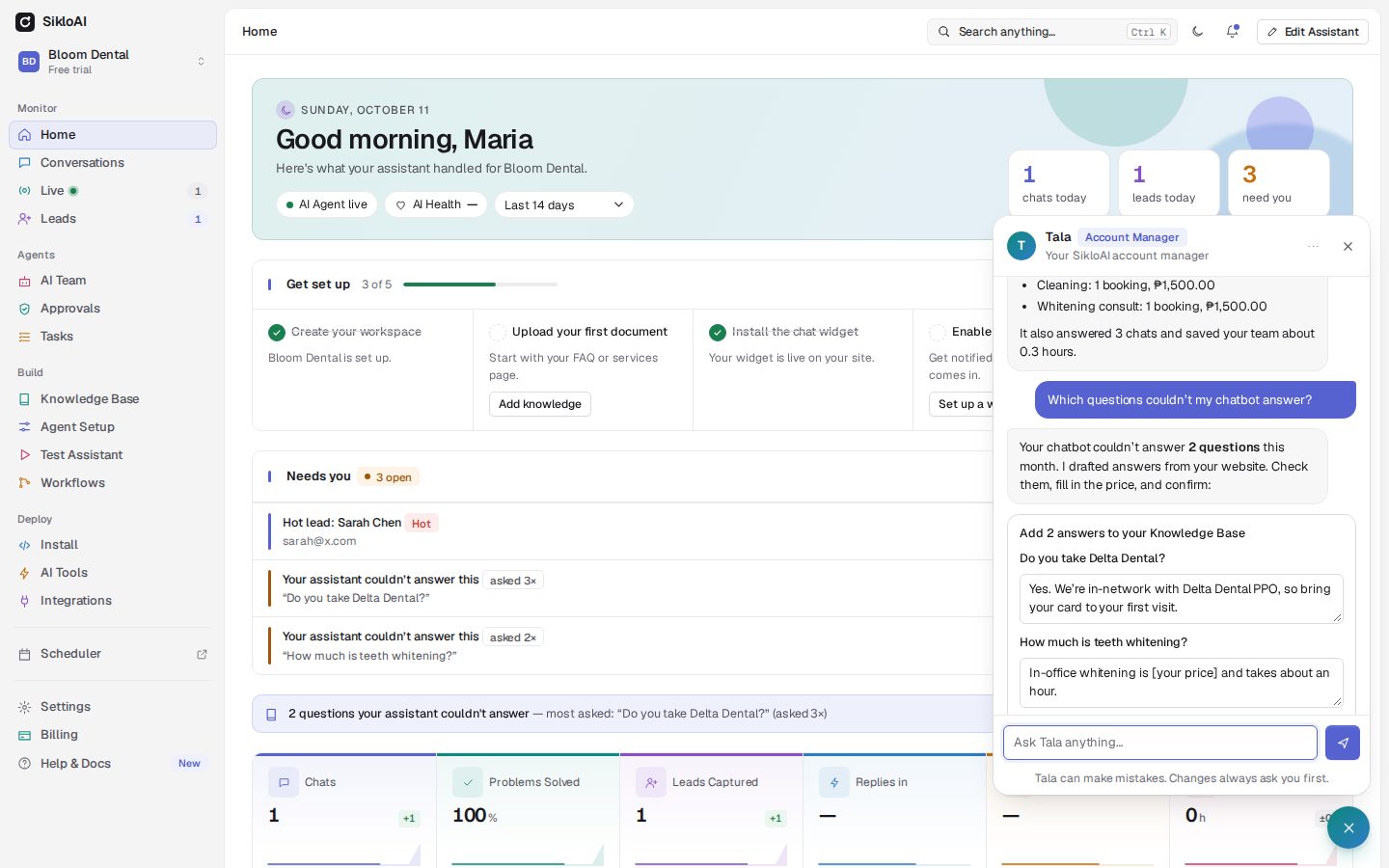Tala, the AI account manager in the SikloAI dashboard, reporting appointments booked this month and drafting two knowledge-base answers for the owner to confirm